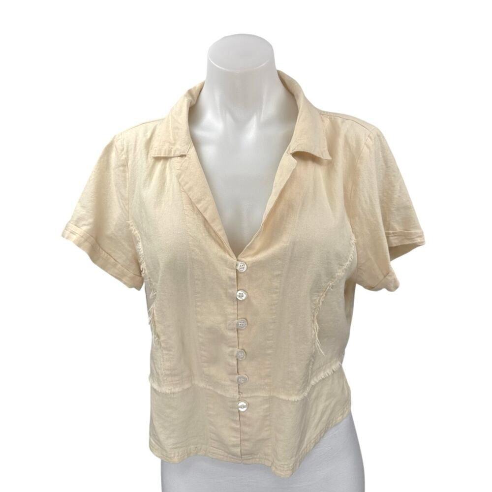 Miou Muse Yellow Collared Short Sleeve Cropped Button Down Shirt Top Size L